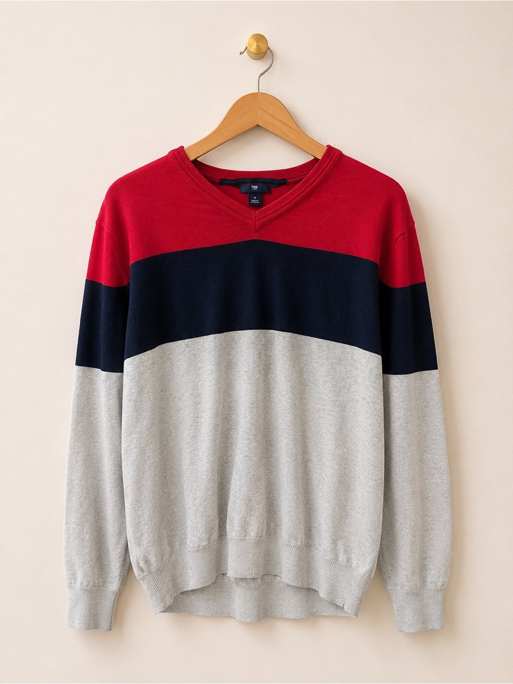 Gap Colorblock V-Neck Sweater XXL Red Navy Gray 100% Cotton